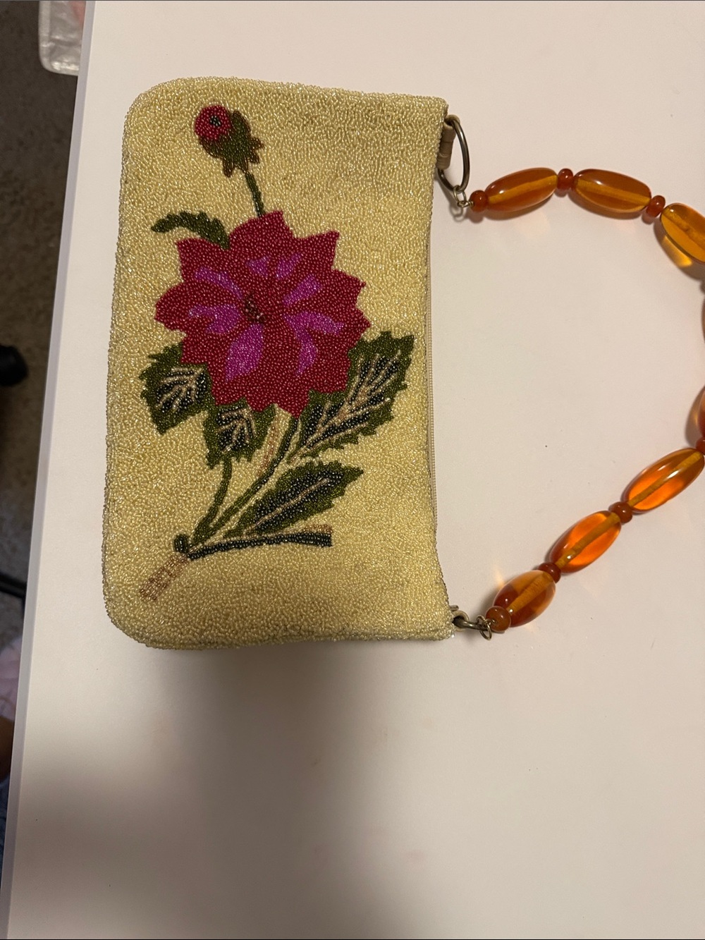 Beaded Floral Wristlet Clutch in Cream with Pink Flower